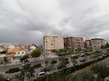 High angle view of buildings in city against sky