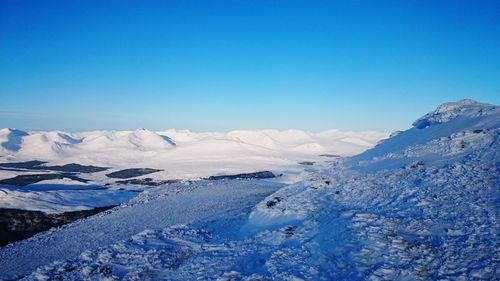 Scenic view of snowcapped mountains against clear blue sky