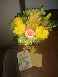 High angle view of flower vase on table