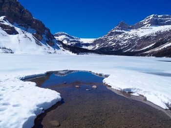 Scenic view of snowcapped mountains against clear sky