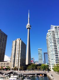 Modern buildings in city against clear sky