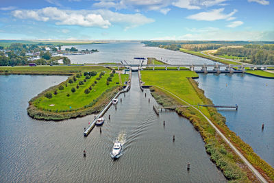 High angle view of bridge over river against sky