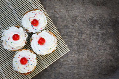 High angle view of cupcakes on table