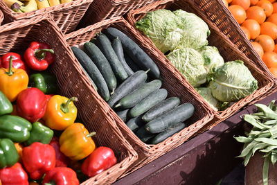 High angle view of vegetables in basket at market stall