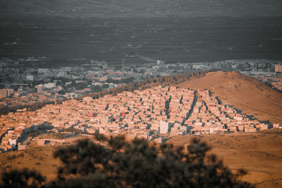 High angle view of townscape against clear sky