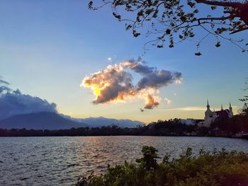 Scenic view of lake against sky at sunset