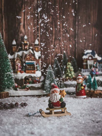 People in snow covered christmas tree during winter