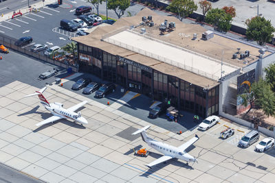 High angle view of cars on street in city