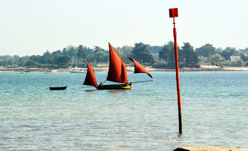 Sailboat in sea against clear sky