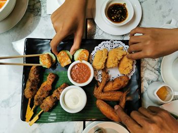 High angle view of breakfast served on table