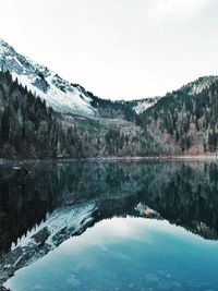 Scenic view of lake by snowcapped mountains against sky