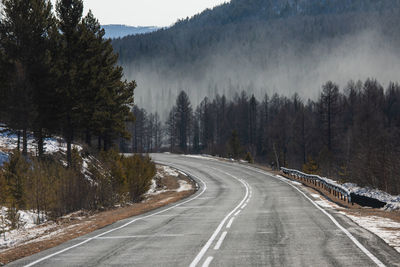 Road amidst trees against mountains during winter