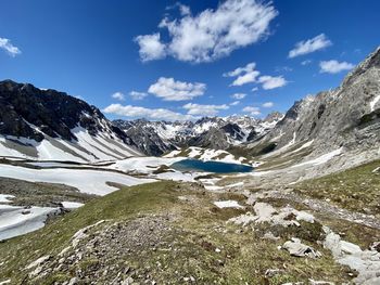 Scenic view of snowcapped mountains against sky