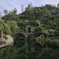 Arch bridge over river against sky