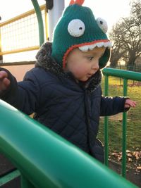 Boy wearing hat in snow