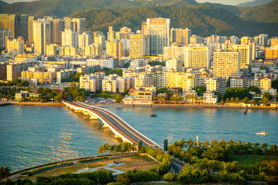 High angle view of city buildings