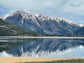 Scenic view of lake by snowcapped mountains against sky