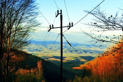 Electricity pylon on landscape against sky