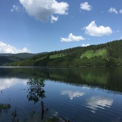 Scenic view of lake in forest against sky