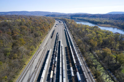 High angle view of railroad tracks against sky