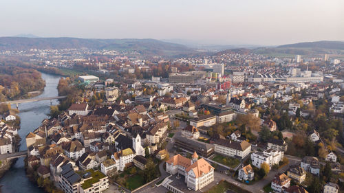 High angle view of buildings in city