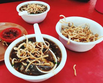 High angle view of noodles served in bowl on table