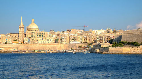 Valletta city, malta - july 15, 2019, view over the valletta city from marsans harbour, malta