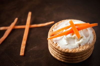 High angle view of dessert on table