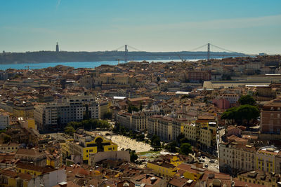 High angle view of lisbon townscape against sky