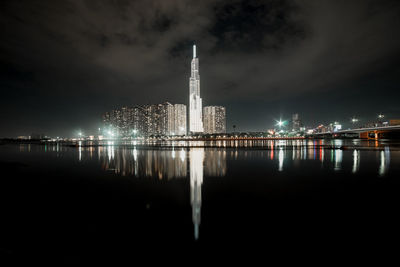 Reflection of illuminated buildings in city at night