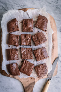 High angle view of chocolate cake on table