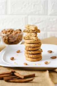 Close-up of cookies in plate on table