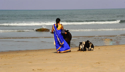 Rear view of woman standing by cows on shore at beach