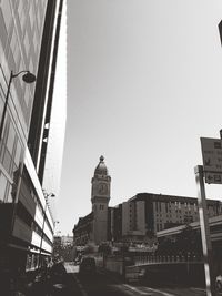 Low angle view of buildings against clear sky