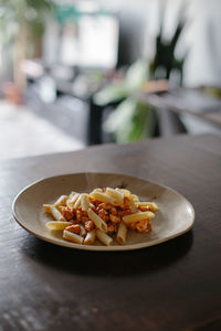 Close-up of food served on table