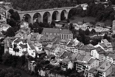 High angle view of old buildings in town