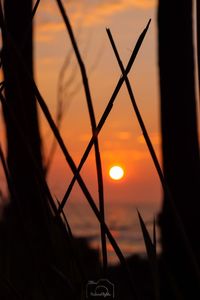 Close-up of silhouette fence against sunset sky