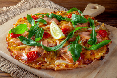 High angle view of pizza on table