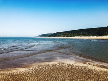 Scenic view of beach against clear blue sky