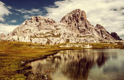 Scenic view of lake against cloudy sky