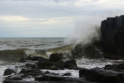 Stormy seascape, waves and wind in the black sea of georgia. drops ans splashes.