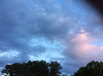 Low angle view of trees against cloudy sky