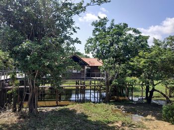 House and trees on field against sky