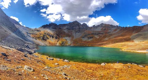 Scenic view of lake and mountains against sky