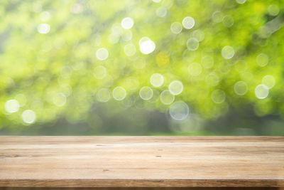 Defocused image of green leaf on wooden table