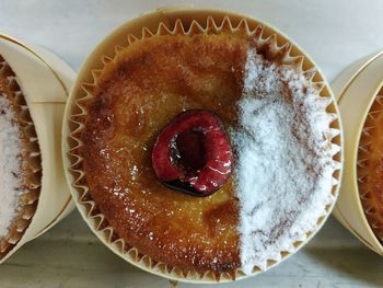 High angle view of cake in plate on table