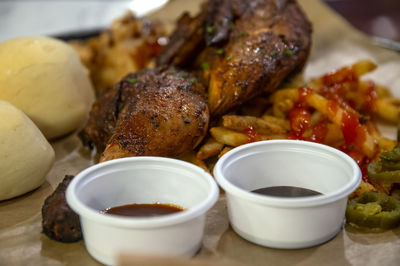 Close-up of food served on table