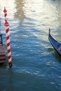 High angle view of red boat on sea