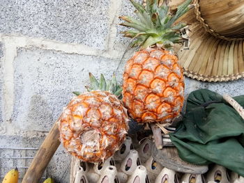 Close-up of pineapples on table