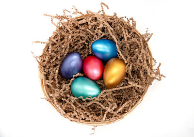 High angle view of multi colored eggs on white background